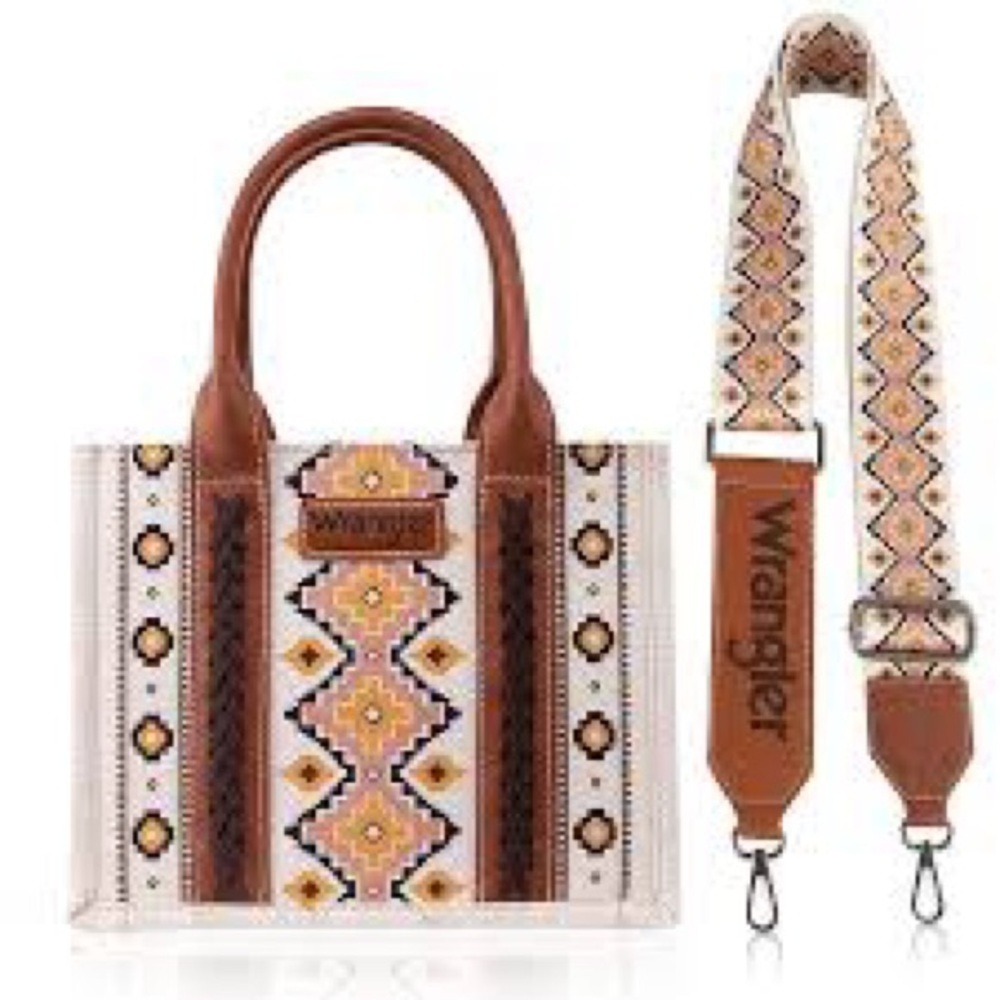 ** NWT**Wrangler Brown and Cream Tote Bag with Geometric Pattern